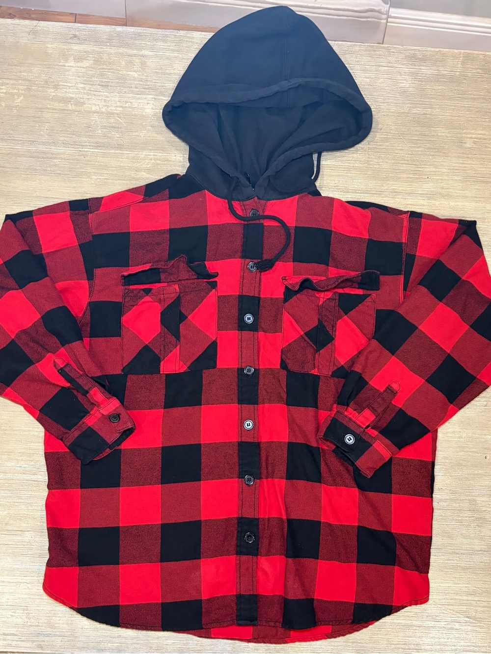 H&M womens button up Red & Black Buffalo Plaid Hooded Shirt Jacket 100% cotton